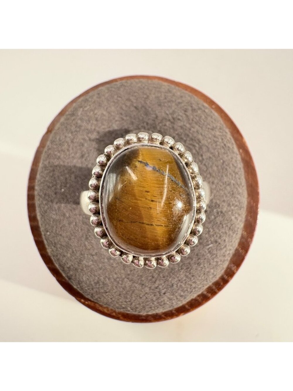 Tiger's Eye Bezel Set Beaded Border Statement Ring Sterling Silver 925 Size 6